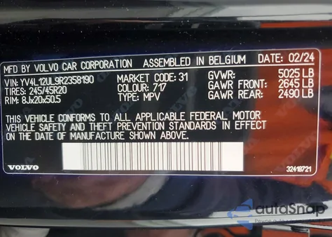 2024 Volvo Xc40 Plus z USA, uszkodzony, nr VIN YV4L12UL9R2358190